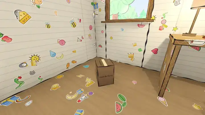 Animação: um soco faz a caixa estourar em isopor, fumaça e papel picado, e um vaso de flores aparece no quarto cheio de adesivos