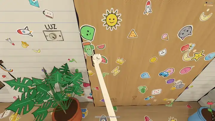 Animação: a câmera gira da parede de adesivos até a porta aberta, onde um vizinho de papel acena e pergunta se você tem um sticker para dar