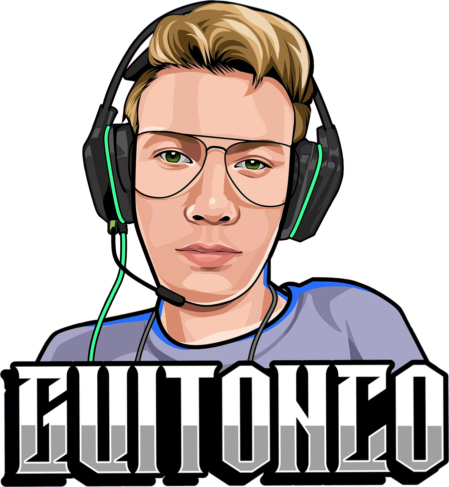 Logo do Guitonco: ilustração de um jovem de cabelo loiro, óculos aviador e headset verde