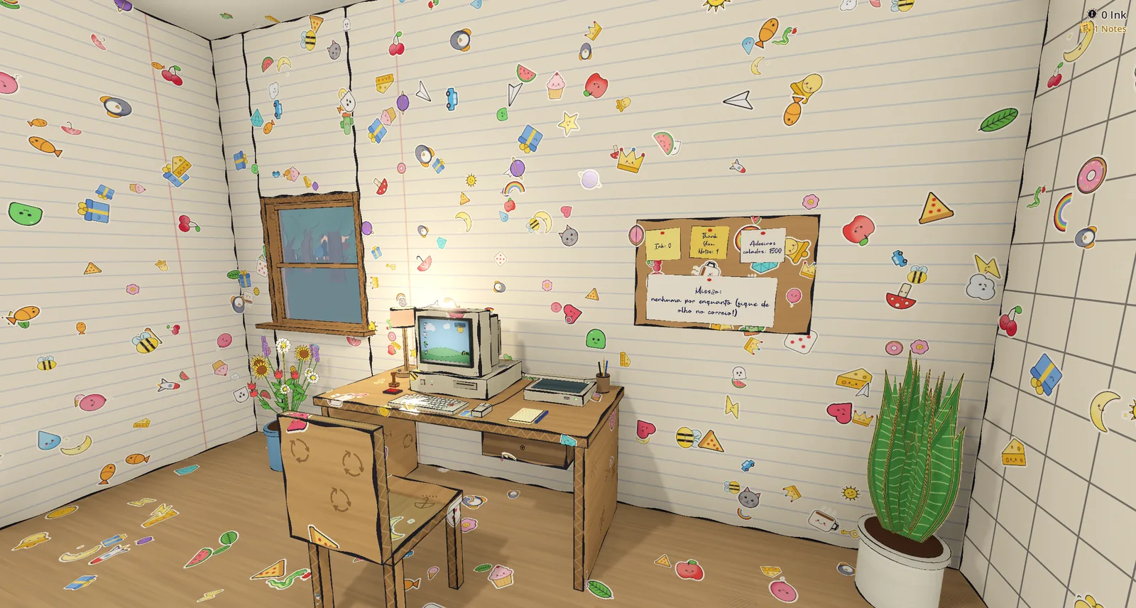 O quarto do jogo: paredes de caderno, mesa de papelão com um computador antigo e vários adesivos colados